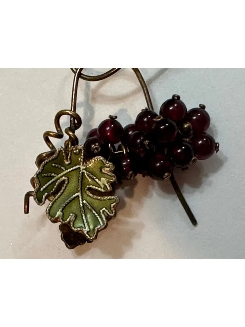 Bohemian Garnet Bead Grape Cluster Guilloche Enamel Brass Leaf Earrings
